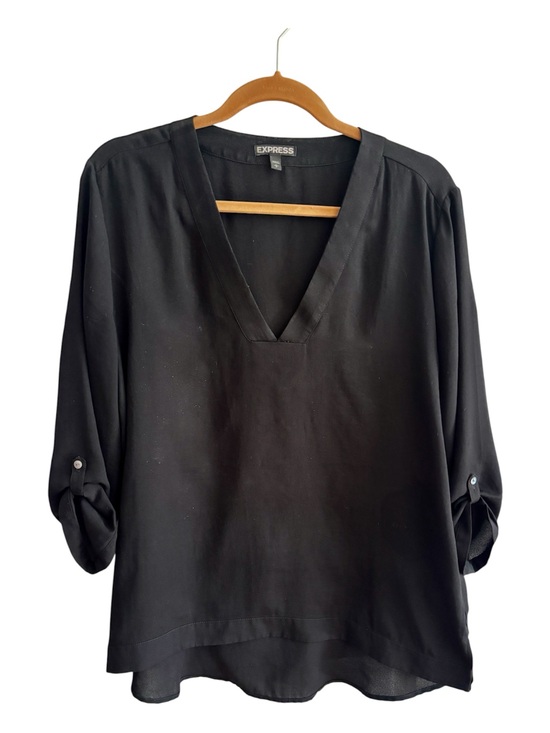 Express Tops - Express Black V-Neck Roll-Tab Sleeve Tunic Blouse